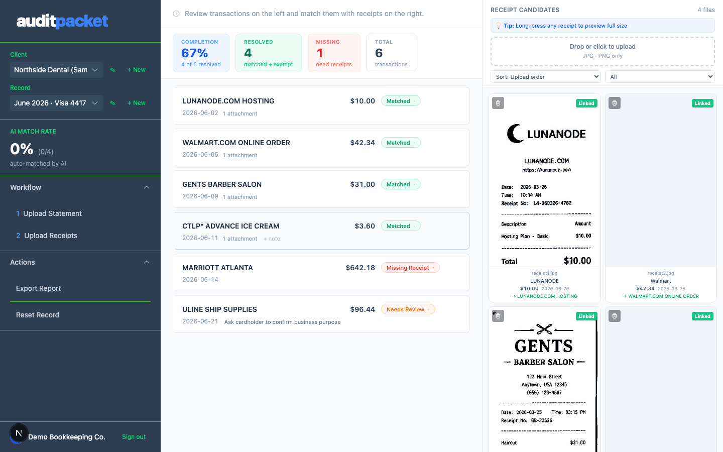 AuditPacket workspace: transactions matched to receipt images, with statuses and a missing-receipt flag
